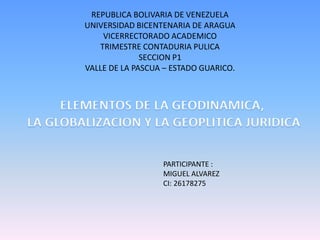 REPUBLICA BOLIVARIA DE VENEZUELA
UNIVERSIDAD BICENTENARIA DE ARAGUA
VICERRECTORADO ACADEMICO
TRIMESTRE CONTADURIA PULICA
SECCION P1
VALLE DE LA PASCUA – ESTADO GUARICO.
PARTICIPANTE :
MIGUEL ALVAREZ
CI: 26178275
 