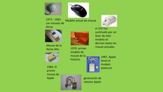 1970: primer
modelo de
mouse de la
historia.
1973 - 1981:
Los mouses de
Xerox
Mouse de la
Xerox Alto
1983: El
primer
mouse de
Apple generación de
ratones Apple
1987, Apple
lanzó el
modelo
platinum
el LED fue
sustituido por un
láser de este
modelo se
derivan todos los
mouse actuales
Modelo actual de mouse
 