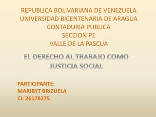 REPUBLICA BOLIVARIANA DE VENEZUELA
UNIVERSIDAD BICENTENARIA DE ARAGUA
CONTADURIA PUBLICA
SECCION P1
VALLE DE LA PASCUA
PARTICIPANTE:
MARIBYT BRIZUELA
CI: 26178275
 