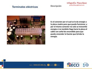 Infografía: Placa Base
andres29sara@Gmail.com
Terminales eléctricas Descripción
Es el conector por el cual se le da energía a
la placa madre para que pueda funcionar, y
por el mismo conector no solo se transmite
energía si no también llega hacia la placa el
cable con señal de encendido para que
pueda encender la fuente que brinda la
energía.
 