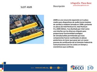 Infografía: Placa Base
andres29sara@Gmail.com
SLOT AMR Descripción
AMR) es una ranura de expansión en la placa
madre para dispositivos de audio (como tarjetas
de sonido) o módems lanzada en 1998 y presente
en placas de Intel Pentium III, Intel Pentium
IV y AMD Athlon. Fue diseñada por Intel como
una interfaz con los diversos chipsets para
proporcionar funcionalidad analógica
de entrada/salida permitiendo que esos
componentes fueran reutilizados en placas
posteriores sin tener que pasar por un nuevo
proceso de certificación de la Comisión Federal de
Comunicaciones (con los costes en tiempo y
económicos que conlleva).
 