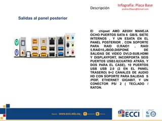 Infografía: Placa Base
andres29sara@Gmail.com
Salidas al panel posterior
Descripción
El chipset AMD A85XH MANEJA
OCHO PUERTOS SATA 6 GB/S, SIETE
INTERNOS , Y UN ESATA EN EL
PANEL POSTERIOR , CON SOPORTE
PARA RAID O,RAID1 , RAID
5,RAID10,JBOD,DISPONE DE
SALIDAS DE VIDEO DVI,D-SUB,HDMI
Y DISPLAYPORT, INCORPORTA SEIS
PUERTOS USB3.0(CUATRO ATRÁS, Y
DOS PARA EL CASE), 10 PUERTOS
USB USB 2.0 (2 EN EL PANEL
TRASERO) 8+2 CANALES DE AUDIO
HD CON SOPORTE PARA SALIDAS S
/PDIF, ETHERNET GIGABIT, Y UN
CONECTOR PS/ 2 ( TECLADO /
RATON.
 