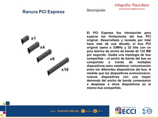 Infografía: Placa Base
andres29sara@Gmail.com
Ranura PCI Express Descripción
El PCI Express fue introducido para
superar las limitaciones del bus PCI
original. Desarrollado y lanzado por Intel
hace más de una década, el bus PCI
original opera a 33MHz y 32 bits con un
pico teórico de ancho de banda de 132 MB
por segundo. Usaba una topología de bus
compartida – el ancho de banda del bus es
compartido a través de múltiples
dispositivos–para establecer comunicación
entre los diferentes dispositivos del bus. A
medida que los dispositivos evolucionaron,
nuevos dispositivos con una mayor
demanda del ancho de banda comenzaron
a desplazar a otros dispositivos en el
mismo bus compartido.
 