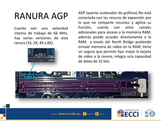 RANURA AGP AGP (puerto acelerador de gráficos) No está
conectada con las ranuras de expansión por
lo que no comparte recursos y agiliza su
función, cuenta con ocho canales
adicionales para acceso a la memoria RAM,
además puede acceder directamente a la
RAM a través del North Bridge pudiendo
emular memoria de video en la RAM, tiene
un seguro que permite fijar mejor la tarjeta
de video a la ranura, integra una capacidad
de datos de 32 bits.
Cuenta con una velocidad
interna de trabajo de 66 MHz,
hay varias versiones de esta
ranura (1X, 2X, 4X y 8X).
 