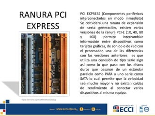 RANURA PCI
EXPRESS
PCI EXPRESS (Componentes periféricos
interconectados en modo inmediato)
Se considera una ranura de expansión
de sexta generación, existen varias
versiones de la ranura PCI-E (1X, 4X, 8X
y 16X) permite intercambiar
información entre dispositivos como
tarjetas gráficas, de sonido o de red con
el procesador, una de las diferencias
con las versiones anteriores es que
utiliza una conexión de tipo serie algo
así como lo que paso con los discos
duros que pasaron de un estándar
paralelo como PATA a uno serie como
SATA lo cual permite que la velocidad
sea mucho mayor y no existan caídas
de rendimiento al conectar varios
dispositivos al mismo equipo.
http://pc.watch.impress.co.jp/docs/2007/1119/tawada117_3.jpg
 