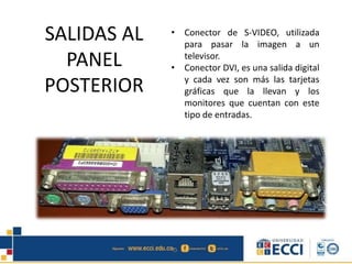 • Conector de S-VIDEO, utilizada
para pasar la imagen a un
televisor.
• Conector DVI, es una salida digital
y cada vez son más las tarjetas
gráficas que la llevan y los
monitores que cuentan con este
tipo de entradas.
SALIDAS AL
PANEL
POSTERIOR
 