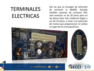 TERMINALES
ELECTRICAS
Son las que se encargan de alimentar
de corriente la BOARD, llamado
también conector de corriente ATX;
este conector es de 20 pines pero en
las placas base más modernas llegan a
ser de 24 pines, o traen una extensión
de 4 pines que proporcionan 12 voltios
en lugar de los cinco genéricos.
 