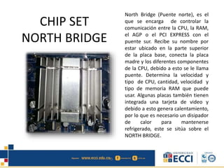 CHIP SET
NORTH BRIDGE
North Bridge (Puente norte), es el
que se encarga de controlar la
comunicación entre la CPU, la RAM,
el AGP o el PCI EXPRESS con el
puente sur. Recibe su nombre por
estar ubicado en la parte superior
de la placa base, conecta la placa
madre y los diferentes componentes
de la CPU, debido a esto se le llama
puente. Determina la velocidad y
tipo de CPU, cantidad, velocidad y
tipo de memoria RAM que puede
usar. Algunas placas también tienen
integrada una tarjeta de video y
debido a esto genera calentamiento,
por lo que es necesario un disipador
de calor para mantenerse
refrigerado, este se sitúa sobre el
NORTH BRIDGE.
 
