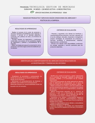 PROGRAMA: TECNOLOGIA GESTION DE MERCADOS
DURACION: 24 MESES – (18 MESES LECTIVA – 6 MESES PRACTICA)
SERVICIO NACIONAL DE APRENDIZAJE - SENA
NEGOCIAR PRODUCTOS Y SERVICIOS SEGÚN CONDICIONES DEL MERCADO Y
POLÍTICAS DE LA EMPRESA.
RESULTADOS DE APRENDIZAJE
- Realizar el proceso de la venta de productos y
servicios siguiendo procedimientos para negociar un
producto o servicio en un mercado específico,
conforme a las políticas de venta y los términos de
negociación.
- Acordar términos de negociación y condiciones
comerciales, de acuerdo con los parámetros legales
de negociación y políticas y procedimientos de la
empresa.
- Utilizar estrategia para apoyar la presentación de los
productos o servicios según protocolo establecido por
la empresa
CRITERIOS DE EVALUACIÓN
- Presenta y argumenta a los clientes los beneficios y
características de los productos y servicios apoyado con
el uso de catálogos, manuales, programas o navegadores
prepara estrategias de presentación de productos y
servicios acudiendo a demostraciones, muestras,
degustaciones y exhibiciones.
- Informa a los clientes sobre disponibilidad, condiciones
de entrega, garantías y servicio postventa para los
productos adquiridos.
IDENTIFICAR LOS COMPORTAMIENTOS DEL MERCADO SEGÚN RESULTADOS DE
LA INVESTIGACIÓN Y TENDENCIAS DEL ENTORNO
RESULTADOS DE APRENDIZAJE
- Establecer el pronóstico y presupuesto de
ventas de acuerdo con el récord histórico de
ventas de la empresa.
- Monitorear el comportamiento de factores y
variables que inciden en la compra de los
diferentes actores con responsabilidad social, de
acuerdo con el mercado.
CRITERIOS DE EVALUACIÓN
- Identifica las cuentas de ingresos y gastos relacionadas
con la actividad de mercadeo mediante la aplicación de
principios contables y el conocimiento de las variables
relacionadas.
- Estructura presupuestos de ventas aplicando los métodos
para la elaboración de presupuestos con el apoyo de
softw are a partir de los resultados de ingresos y gastos.
- Realiza pronósticos de ventas a partir de la aplicación de
técnicas estadísticasde regresión y correlación con elapoyo
de softw are y con base en el comportamiento y tendencias
del mercado.
- Elabora proyecciones apoyados por la plicación de
softw are a partir de la interpretación de los estados
financieros y de acuerdo con la definición del plan de
necesidades de las áreas o unidades de negocio.
- Caracteriza a los clientes y consumidores mediante la
identificación de actitudes, comportamientos e intereses
frente a los productos y servicios que ofrece la empresa al
momento de la compra
- Evalúa el comportamiento de los clientes y consumidores
mediante la aplicación de métodos
y técnicas sicológicas y de análisis del comportamiento
humano de acuerdo el segmento de mercado y el producto o
servicio.
 
