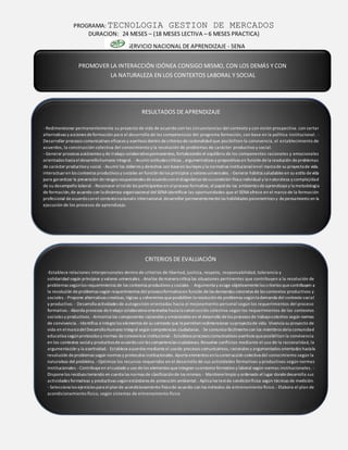 PROGRAMA: TECNOLOGIA GESTION DE MERCADOS
DURACION: 24 MESES – (18 MESES LECTIVA – 6 MESES PRACTICA)
SERVICIO NACIONAL DE APRENDIZAJE - SENA
PROMOVER LA INTERACCIÓN IDÓNEA CONSIGO MISMO, CON LOS DEMÁS Y CON
LA NATURALEZA EN LOS CONTEXTOS LABORAL Y SOCIAL
RESULTADOS DE APRENDIZAJE
- Redimensionar permanentemente su proyecto de vida de acuerdo con las circunstancias del contexto y con visión prospectiva. con certar
alternativas y acciones deformación para el desarrollo de las competencias del programa formación, con base en la política institucional. -
Desarrollar procesos comunicativos eficaces y asertivos dentro decriterios deracionalidad que posibiliten la convivencia, el establecimiento de
acuerdos, la construcción colectiva del conocimiento y la resolución de problemas de carácter productivo y social.
- Generar procesos autónomos y de trabajo colaborativopermanentes, fortaleciendo el equilibrio de los componentes racionales y emocionales
orientados hacia eldesarrollohumano integral. - Asumiractitudes críticas , argumentativas y propositivas en función dela resolución deproblemas
de carácter productivoy social. -Asumir los deberes y derechos con baseen las leyes y la normativa institucionalenel marcode su proyectode vida.
interactuaren los contextos productivos y sociales en función delos principios y valores universales. -Generar hábitos saludables en su estilo devida
para garantizar la prevención deriesgos ocupacionales deacuerdoconeldiagnóstico desucondición física individual y la naturaleza y complejidad
de su desempeño laboral. -Reconocer elrolde los participantes en elproceso formativo, el papelde los ambientes deaprendizajey la metodología
de formación,de acuerdo con la dinámica organizacional del SENAidentificar las oportunidades que el SENAofrece en el marco de la formación
profesional deacuerdoconel contextonacionale internacional.desarrollar permanentementelas habilidades psicomotrices y depensamiento en la
ejecución de los procesos de aprendizaje.
CRITERIOS DE EVALUACIÓN
-Establece relaciones interpersonales dentro de criterios de libertad, justicia, respeto, responsabilidad, tolerancia y
solidaridad según principios y valores universales. -Analiza demanera crítica las situaciones pertinentes que contribuyen a la resolución de
problemas segúnlos requerimientos de los contextos productivos y sociales. - Argumenta y acoge objetivamentelos criterios quecontribuyen a
la resolución deproblemas según requerimientos del procesoformativoen función delas demandas concretas de los contextos productivos y
sociales. -Propone alternativas creativas, lógicas y coherentes queposibiliten la resoluciónde problemas segúnla demanda del contexto social
y productivo. - Desarrolla actividades de autogestión orientadas hacia el mejoramiento personal según los requerimientos del proceso
formativo.-Aborda procesos detrabajo colaborativoorientados hacia la construcción colectiva según los requerimientos de los contextos
sociales y productivos.-Armoniza los componentes racionales y emocionales en el desarrollo delos procesos de trabajocolectivo según normas
de convivencia. -Identifica eintegra los elementos de su contexto que lepermitenredimensionar suproyectode vida. Vivencia su proyecto de
vida en elmarcodelDesarrolloHumano Integral según competencias ciudadanas. -Se comunica fácilmentecon los miembros dela comunidad
educativa segúnprotocolos y normas deconvivencia institucional.-Estableceprocesos comunicativos asertivos queposibilitan la convivencia
en los contextos socialy productivodeacuerdo con las competencias ciudadanas.Resuelve conflictos mediante el uso de la racionalidad, la
argumentación y la asertividad.- Estableceacuerdos medianteel usode procesos comunicativos, racionales y argumentados orientados haciala
resolución deproblemas según normas y protocolos institucionales. Aporta elementos enla construcción colectiva del conocimiento según la
naturaleza del problema. -Optimiza los recursos requeridos en el desarrollo de sus actividades formativas y productivas según normas
institucionales.-Contribuyeen elcuidado y uso delos elementos queintegran suentorno formativo y laboral según normas institucionales. -
Disponelos residuos teniendo en cuenta las normas de clasificaciónde los mismos.- Mantienelimpio y ordenado el lugar dondedesarrolla sus
actividades formativas y productivas segúnestándares de protección ambiental.-Aplica los testde condiciónfísica según técnicas de medición.
- Selecciona los ejercicios para elplande acondicionamiento físicode acuerdo con los métodos de entrenamiento físico. -Elabora el plan de
acondicionamiento físico, según sistemas de entrenamiento físico
 