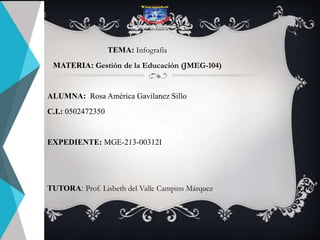 TEMA: Infografía
MATERIA: Gestión de la Educación (JMEG-104)
ALUMNA: Rosa América Gavilanez Sillo
C.I.: 0502472350
EXPEDIENTE: MGE-213-00312I
TUTORA: Prof. Lisbeth del Valle Campins Márquez
 