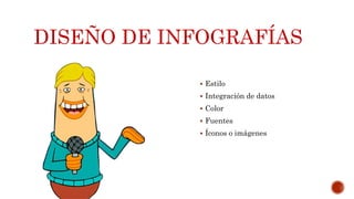 DISEÑO DE INFOGRAFÍAS
Estilo
Integración de datos
Color
Fuentes
Íconos o imágenes