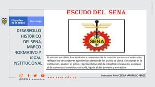 Instructora ANA CECILIA MARRUGO PEREZ
DESARROLLO
HISTÓRICO
DEL SENA,
MARCO
NORMATIVO Y
LEGAL
INSTITUCIONAL
 