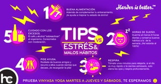 CUIDADO CON LOS
EXCESOS.
El café y alcohol “sobreactivan”
el organismo. Consúmelos
con moderación.
PRUEBA VINYASA YOGA MARTES A JUEVES Y SÁBADOS, TE ESPERAMOS
TIPSTIPS
3
RESPIRA.
Tómate unos minutos para relajarte, si el día
va muy rápido o te sientes estresado, solo
cierra los ojos y respira profundamente.
ESTRÉS&
MALOS HÁBITOS
ESTRÉS&
MALOS HÁBITOS
5 2
4
1
HORAS DE SUEÑO.
Duerme al menos 8 horas
diarias y conserva buenos
hábitos a lo de la
semana. ¡Así estarás al
100%!
PIDE AYUDA.
Rodéate de buenos amigos y
recurre a ellos cuando sientas que
decaes, ¡te recargarán la pila!
BUENA ALIMENTACIÓN.
Además de complementar tu entrenamiento,
¡te ayuda a mejorar tu estado de ánimo!
VSVS
 
