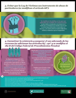 3. Evitar que la Ley de Víctimas sea instrumento de abuso de
particulares (se modifican el artículo 68°):
Se establecen los delitos en los que son
aplicables las medidas de compensación,
es decir delitos considerados como graves en el
ámbito de su competencia en aquellos casos en que
la víctima haya sufrido daño o menoscabo a su
libertad, o si la víctima directa hubiera fallecido o
sufrido un deterioro que lo incapacitara.
4. Garantizar la existencia y asegurar el uso adecuado de los
recursos (se adicionan los artículos 85°, 140° y se modifica el
182-R del Código Federal de Procedimientos Penales)
Se dispone la integración de la
Comisión Ejecutiva por cuatro
comisionados especialistas en alguna
disciplina o materia relacionada con la
Ley y tres comisionados que
representarán a los colectivos de
víctimas; y se establece que tanto el
Ejecutivo como el Senado deberán
garantizar una representación plural en
la Comisión Ejecutiva.
Apunta que los fondos provendrán
de recursos designados para
dicho fin en
el Presupuesto de Egresos de
la Federación.
Los congresos locales y las Asambleas
Legislativas del Distrito Federal
deberán prever los fondos
necesarios para tal fin.
Establece que el Fondo a cargo
del Gobierno Federal será
fiscalizado anualmente por
la Auditoría Superior de
la Federación.
http://www.impunitywatch.org/upload/UserFiles/file/IW%20Guatemala%20BCR,%20Spanish.pdf
http://www.ejournal.unam.mx/rms/2010-4/RMS010000405.pdf
http://www.cndh.org.mx/sites/all/fuentes/documentos/informes/anuales/2012_I.pdf
http://www.hrw.org/es/node/113783/section/8
http://www.berghof-peacesupport.org/publications/GT_Informe_Final_EC_PNR.pdf
http://www.corteconstitucional.gov.co/comunicados/noticias/NOTICIAS%2025%20DE%20MAYO%20DE%202011.php
http://www.seguridadcondemocracia.org/administrador_de_carpetas/biblioteca_virtual/pdf/MexicoEvalua-INDICE_VICTIMAS-2011.pdf
#EsTiempoDeMéxico
Presupuesto
de Egresos
38
 