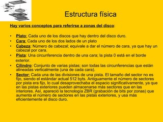 Estructura física Hay varios conceptos para referirse a zonas del disco : Plato :  Cada uno de los discos que hay dentro del disco duro.  Cara :  Cada uno de los dos lados de un plato  Cabeza : Número de cabezal; equivale a dar el número de cara, ya que hay un cabezal por cara.  Pista : Una circunferencia dentro de una cara; la pista 0 está en el borde exterior.  Cilindro : Conjunto de varias pistas; son todas las circunferencias que están alineadas verticalmente (una de cada cara).  Sector :  Cada una de las divisiones de una pista. El tamaño del sector no es fijo, siendo el estándar actual 512 byts. Antiguamente el número de sectores por pista era fijo, lo cual desaprovechaba el espacio significativamente, ya que en las pistas exteriores pueden almacenarse más sectores que en las interiores. Así, apareció la tecnología ZBR (grabación de bits por zonas) que aumenta el número de sectores en las pistas exteriores, y usa más eficientemente el disco duro.  