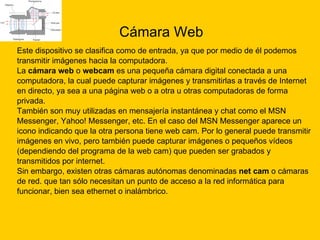 Cámara Web Este dispositivo se clasifica como de entrada, ya que por medio de él podemos  transmitir imágenes hacia la computadora. La  cámara web  o  webcam  es una pequeña cámara digital conectada a una  computadora, la cual puede capturar imágenes y transmitirlas a través de Internet  en directo, ya sea a una página web o a otra u otras computadoras de forma  privada.  También son muy utilizadas en mensajería instantánea y chat como el MSN  Messenger, Yahoo! Messenger, etc. En el caso del MSN Messenger aparece un  icono indicando que la otra persona tiene web cam. Por lo general puede transmitir  imágenes en vivo, pero también puede capturar imágenes o pequeños vídeos  (dependiendo del programa de la web cam) que pueden ser grabados y  transmitidos por internet.  Sin embargo, existen otras cámaras autónomas denominadas  net cam  o cámaras  de red. que tan sólo necesitan un punto de acceso a la red informática para  funcionar, bien sea ethernet o inalámbrico.  