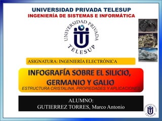 UNIVERSIDAD PRIVADA TELESUP

INGENIERÍA DE SISTEMAS E INFORMÁTICA

ASIGNATURA: INGENIERÍA ELECTRÓNICA

ESTRUCTURA CRISTALINA, PROPIEDADES Y APLICACIONES

ALUMNO:
GUTIERREZ TORRES, Marco Antonio

 