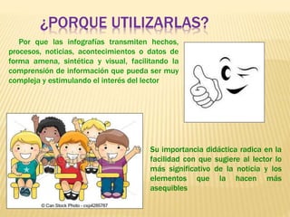Su importancia didáctica radica en la
facilidad con que sugiere al lector lo
más significativo de la noticia y los
elementos que la hacen más
asequibles
¿PORQUE UTILIZARLAS?
Por que las infografías transmiten hechos,
procesos, noticias, acontecimientos o datos de
forma amena, sintética y visual, facilitando la
comprensión de información que pueda ser muy
compleja y estimulando el interés del lector
 