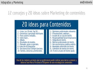 Infografías y Marketing @alfredovela
12 consejos y 20 ideas sobre Marketing de contenidos
46
 