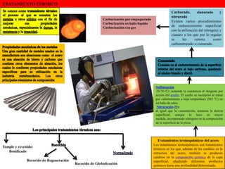 TRATAMIENTO TÈRMICO
Temple y revenido:
Bonificado
Recocido de Regeneración
Recocido de Globulización
Tratamientos termoquímicos del acero
Los tratamientos termoquímicos son tratamientos
térmicos en los que, además de los cambios en la
estructura del acero, también se producen
cambios en la composición química de la capa
superficial, añadiendo diferentes productos
químicos hasta una profundidad determinada.
Sulfinización
(S+N+C): aumenta la resistencia al desgaste por
acción del azufre. El azufre se incorporó al metal
por calentamiento a baja temperatura (565 ºC) en
un baño de sales.
Nitruración (N):
al igual que la cementación, aumenta la dureza
superficial, aunque lo hace en mayor
medida, incorporando nitrógeno en la composición
de la superficie de la pieza.
Carburado, cianurado y
nitrurado
Existen varios procedimientos
de endurecimiento superficial
con la utilización del nitrógeno y
cianuro a los que por lo regular
se les conoce como
carbonitrurado o cianurado.
Carburización por empaquetado
Carburización en baño líquido
Carburización con gas
 