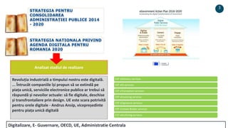 Analizat stadiul de realizare
CEF eDelivery services
CEF eID services
CEF eTranslation services
CEF eInvoicing services
CEF eSignature services
CEF Context Broker services
CEF eArchiving services
STRATEGIA PENTRU
CONSOLIDAREA
ADMINISTRAȚIEI PUBLICE 2014
- 2020
STRATEGIA NATIONALA PRIVIND
AGENDA DIGITALA PENTRU
ROMANIA 2020
Revoluția industrială a timpului nostru este digitală.
... Întrucât companiile își propun să se extindă pe
piața unică, serviciile electronice publice ar trebui să
răspundă și nevoilor actuale: să fie digitale, deschise
și transfrontaliere prin design. UE este scara potrivită
pentru orele digitale - Andrus Ansip, vicepreședinte
pentru piața unică digitală
Digitalizare, E- Guvernare, OECD, UE, Administratie Centrala
3
 