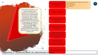 Cum stăm în rapoartele care
măsoară performanța
România se situează printre
ultimele țări în clasamentele
efectuate de către studiile
menționate mai sus, astfel:
• Locul 67 din 193, conform
studiului ONU, dar pe ultimul loc
în cadrul țărilor membre UE
• Locul 27 din 28, conform
raportului DESI 2019
• Locul 54 din 63, conform
raportului IMD World, fiind pe
penultimul loc în cadrul țărilor
membre UE
•Cine este responsabil de strategie si politici publice
•Cine Coordoneaza
•Cine Implementeaza
•Cine auditeaza
•Etc.
Lipsa de guvernanta/ guvernare
corecta a proceselor de
digitalizare
Lipsa unui cadru legislativ
adecvat si actualizat
Lipsa de decizie politica/ tehnica
cu privire la identitatea
electronica
Lipsa de decizie politica/ tehnica
cu privire la interoperabilitate,
interconectare
Lipsa de standarde privind
digitalizarea, securitatea
cibernetica. Lipsa politici publice
management de program,
proiect, etc.
Lipsa programe crestere
competente digitale
Lipsa corelare planuri scolarizare
cu oferta din piata de munca
Lipsa comunicare cu industria
digitala domestica
5
Digitalizare, E- Guvernare, OECD, UE, Administratie Centrala
 