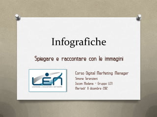 Infografiche
Spiegare e raccontare con le immagini

                Corso Digital Marketing Manager
                Simone Terenziani
                Iscom Modena - Gruppo LEN
                Martedi’ 11 dicembre 2012
 