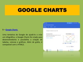 GOOGLE CHARTS
5 – Google Charts
Uma tentativa do Google de ajudá-lo a criar
um infográfico, o Google Charts foi criado para
desenvolvedores e possibilita a criação de
tabelas, colunas e gráficos. Além de grátis, é
compatível com o HTML5.
 
