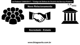 Novo Relacionamento
Sociedade - Estado
Lei Federal 13460/2017 – “Código de Defesa do Usuário do Serviço Público”
www.thiagoavila.com.br
 