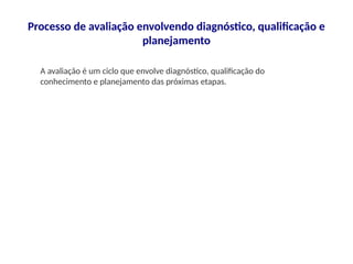 Processo de avaliação envolvendo diagnóstico, qualificação e
planejamento
A avaliação é um ciclo que envolve diagnóstico, qualificação do
conhecimento e planejamento das próximas etapas.
 