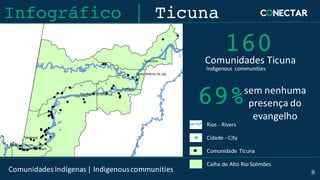 Comunidades Indígenas |	Indigenous	communities 8
Comunidades	Ticuna
Calha do	Alto	Rio	Solimões
Rios	- Rivers
Cidade - City
Comunidade Ticuna
Indigenous	 communities
160
Infográfico | Ticuna
69%sem	nenhuma	
presença	do	
evangelho
 