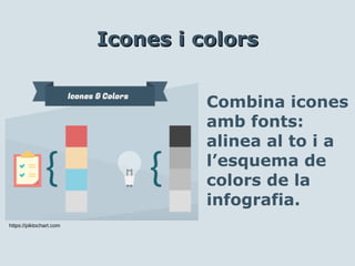 Combina icones
amb fonts:
alinea al to i a
l’esquema de
colors de la
infografia.
Icones i colorsIcones i colors
https://piktochart.com
 