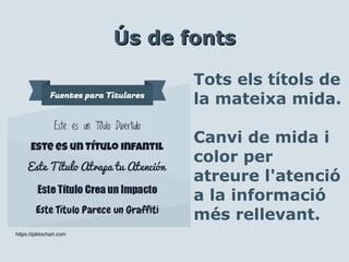 Ús de fontsÚs de fonts
Tots els títols de
la mateixa mida.
Canvi de mida i
color per
atreure l'atenció
a la informació
més rellevant.
https://piktochart.com
 