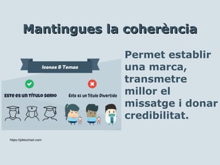 Permet establir
una marca,
transmetre
millor el
missatge i donar
credibilitat.
Mantingues la coherènciaMantingues la coherència
https://piktochart.com
 
