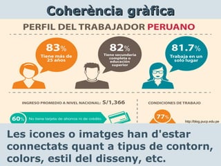 Les icones o imatges han d'estar
connectats quant a tipus de contorn,
colors, estil del disseny, etc.
Coherència gràficaCoherència gràfica
http://blog.pucp.edu.pe
 
