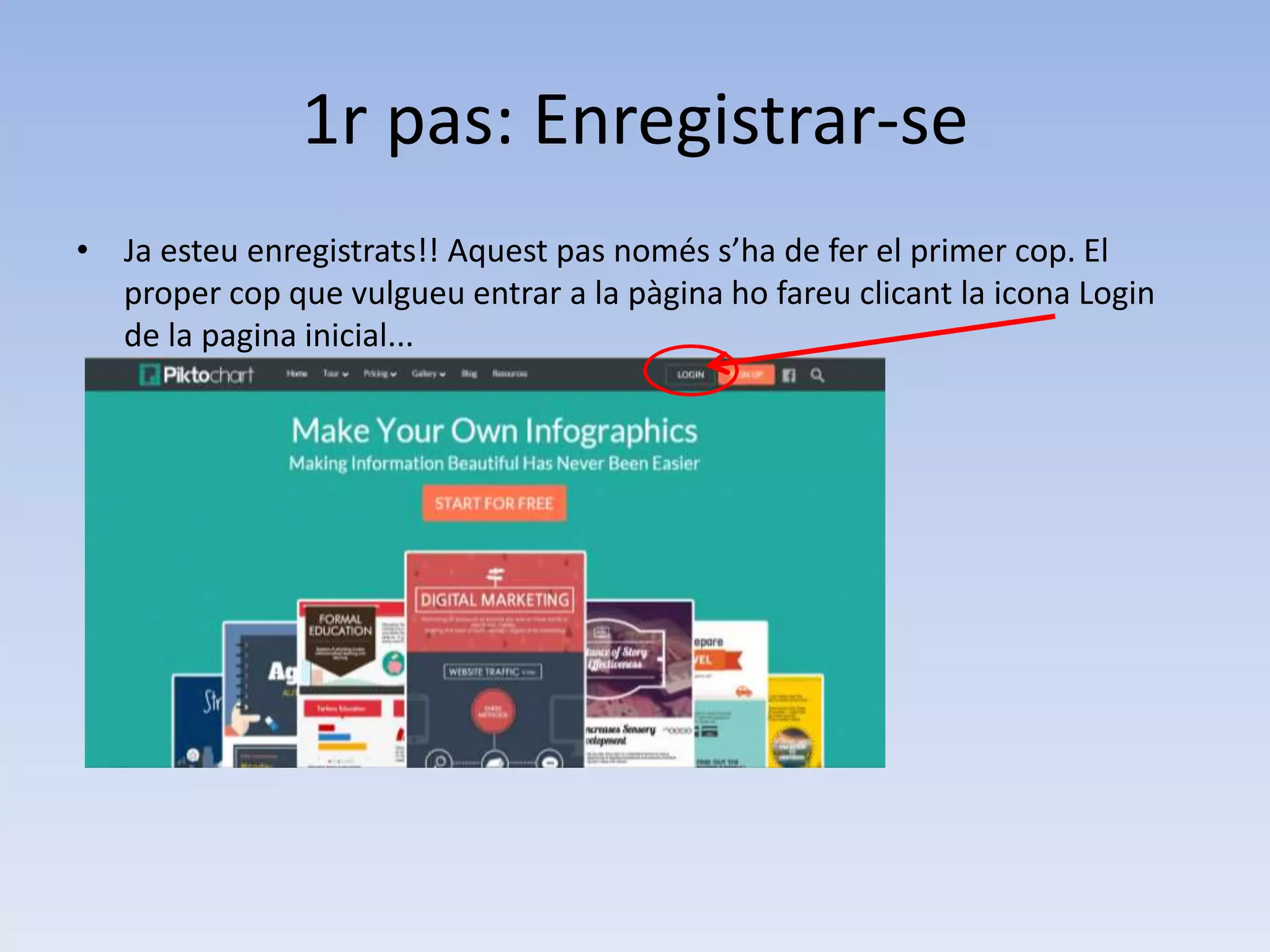1r pas: Enregistrar-se 
• Ja esteu enregistrats!! Aquest pas només s’ha de fer el primer cop. El 
proper cop que vulgueu entrar a la pàgina ho fareu clicant la icona Login 
de la pagina inicial... 
 