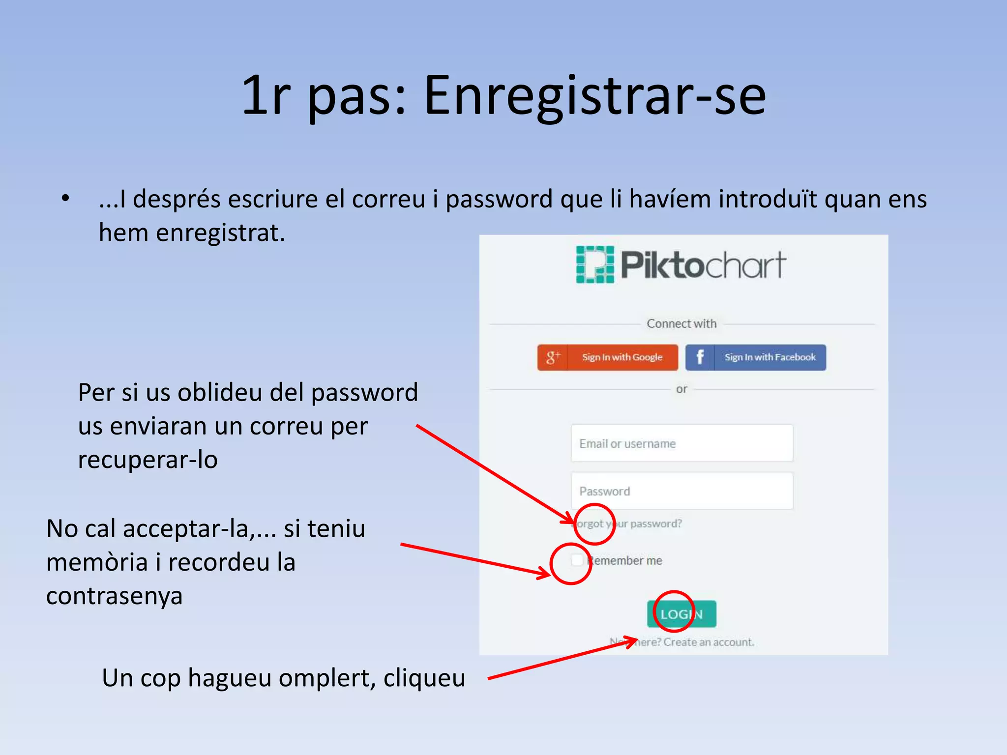 1r pas: Enregistrar-se 
• ...I després escriure el correu i password que li havíem introduït quan ens 
hem enregistrat. 
Per si us oblideu del password 
us enviaran un correu per 
recuperar-lo 
No cal acceptar-la,... si teniu 
memòria i recordeu la 
contrasenya 
Un cop hagueu omplert, cliqueu 
 