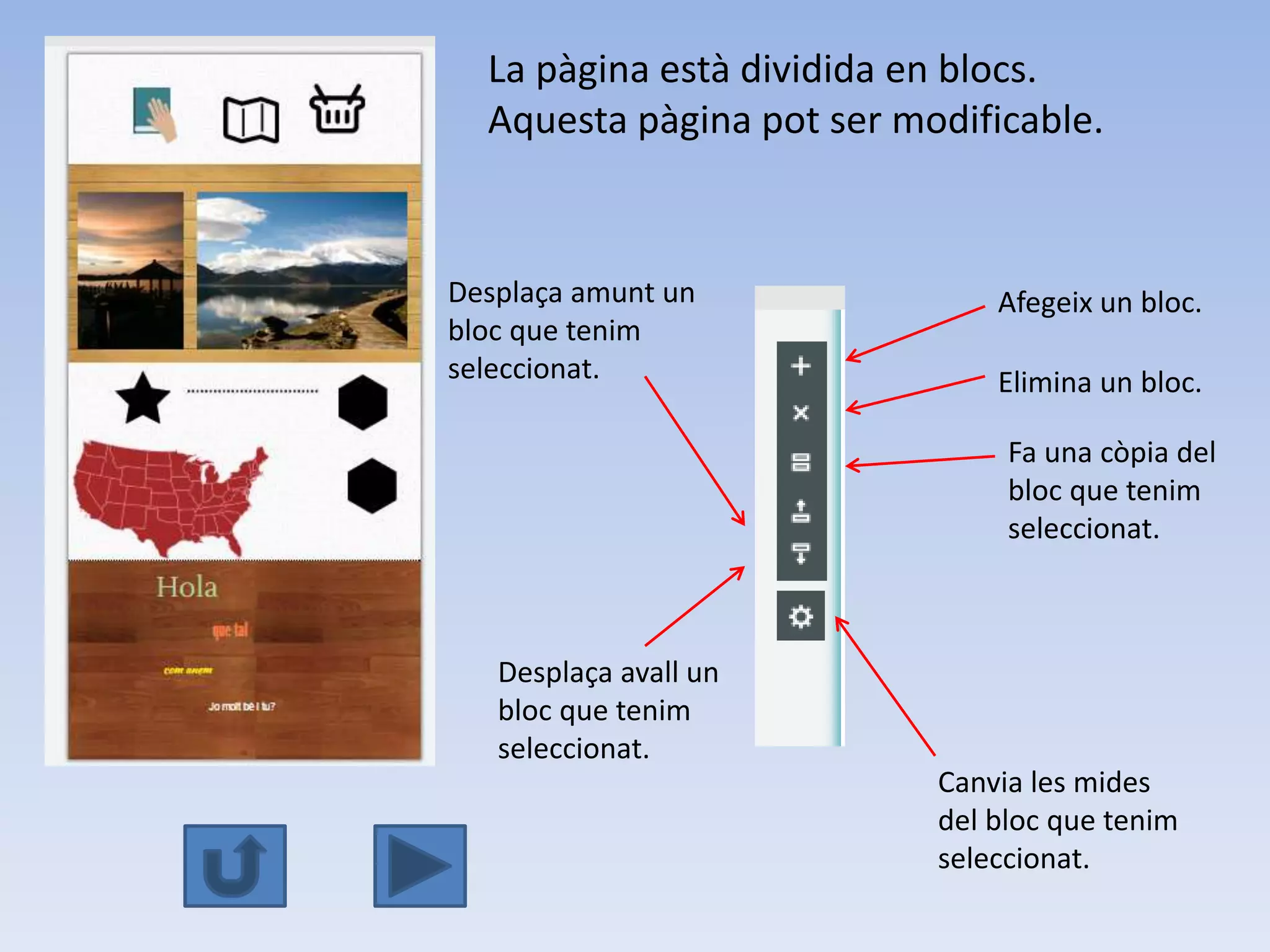 La pàgina està dividida en blocs. 
Aquesta pàgina pot ser modificable. 
Afegeix un bloc. 
Elimina un bloc. 
Fa una còpia del 
bloc que tenim 
seleccionat. 
Desplaça amunt un 
bloc que tenim 
seleccionat. 
Desplaça avall un 
bloc que tenim 
seleccionat. 
Canvia les mides 
del bloc que tenim 
seleccionat. 
 