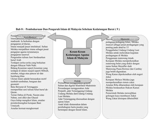 Bab 8 : Pembaharuan Dan Pengaruh Islam di Malaysia Sebelum Kedatangan Barat ( 9 )
Kesan-Kesan
Kedatangan Agama
Islam di Malaysia
Pentadbiran menggunakan gelaran
Sultan dan digelar Khalifatul Mukminin
Perundangan menggunakan Adat
Perpatih ,adat Temenggung,Undang-
Undang Melaka danUndang-Undang
Laut Melaka.
Adat Temenggung disesuaikan dengan
ajaran Islam
Anak lelaki diutamakan dalam
pembahagian harta pusaka yang
bertetapan dengan faraid Islam.
Politik
Pendidikan berasaskan keagamaan di
Istana,pondok, masjid,rumah dan
madrasah. Ia berkaitan dengan
pengajaran al-Quran..
Istana menjadi pusat intelektual. Sultan
Melaka menjadikan istana sebagai pusat
pengajian agama terutamanya
pengajaran tasawuf.
Pengenalan tulisan Jawi berdasarkan
huruf Arab
Terdapat cerita-cerita yang berkaitan
dengan Hikayat Nabi-Nabi.
Bidang Kesenian seperti kesenian yang
terdapat di dalam masjid seperti Mihrab,
mimbar, telaga atau pancur air dan
bumbung khas
Ukiran Islam adalah berasaskan motif
tumbuh-tumbuhan, bungaan dan
geometri
Batu Bersurat di Terengganu
memperlihat seni tulisan Khat huruf ak-
Quran.
Tarian Dabus di Perak, Nazam atau
Naban, seni dikir dan Ghazal
Gaya hidup mengikut Islam, amalan
protokolmengikut kerajaan Bani
Umaiyah.
Amalan hormat-menghormati
SosioBudaya
Aktiviti perdagangan dikuasai oleh
pedagang-pedagang Islam. Melaka
muncul sebagai pusat perdagangan yang
penting pada abad ke 15
Penggubalan Undang-Undang Laut
Melaka untuk melicinkan kegiatan
perdagangan di Melaka
Penggunaan matawang timah.
Kerajaan Melaka memperkenalkan
matawang bulat yang diukir dengan
nama Sultan Muzaffar shah
Matawang Pasai,Hormuz dan Cambay
juga boleh digunakan.
Wang Katun diperkenalkan oleh negeri
Johor
Kerajaan Melayu Melaka juga
memperkenalkan sistem cukai
Amalan Riba diharamkan oleh kerajaan
Melaka berdasarkan Hukum Kanun
Melaka
Pemerintah Melaka mewajibkan
golongan kaya membayar Zakat
Wang Zakat disimpan dibaitulMal
Ekonomi
 