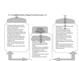 12. 1 Gerakan Nasionalisme Sehingga Perang Dunia Kedua ( 16 )
Gerakan
Nasionalisme
sehingga Perang
Dunia Kedua
Dasar Campur tangan Britsih
secara langsung
Pengenalan sistem pendidikan
Inggeris melahirkan ramai
golongan intelek tempatan
Dasar British yang membiarkan
sesiapa sahaja datang ke Tanah
Melayu
Pendudukan Jepun menambahkan
lagi kesengsaraan Orang Melayu
Kemunculan mesin cetak
memudahkan penyebaran adea
nasionalisme
Wujudnya gerakan Pan-Islamisme
di seluruh dunia
Kesedaran Politik di Indonesia
Fakt
or
Pem
angk
in
Nasi
onali
sme
Gerakan pemulihan yang berusaha
membetulkan pandangan masyarakat
Melayu terhadap Islam
Bertujuan memajukan umat Islam
berdasarkan al-quran dan Hadis
Tokoh-tokoh pentingialah SheikhTahir
Jalaluddin, Syed Syeikh al-Hadi, dan
Dr. Burhanuddin al-Helmy.
Isu penting yangdiperjuangkan ialah
Memajukan ekonomi orang Melayu,
sematkan sikap kritik penjajah dan
mengkritik raja
Akhbar dan majalah utama ialah Al-
Imam, Neracha, Edaran Zaman dan
Pengasuh.
Di Kenali dengan nama Kaum Muda
Gera
kan
Islah
Memberikan tekanan kepada gerakan
Nasionalisme
Pemerintahan ketenteraan dan
menyekat kebebasan bersuara
Jepun hanya memberi sokongan
kepada pertubuhan yang bergerak di
bawah pengawasannya
Ahmad Boestaman menubuhkan
Barisan Pemuda di Perak sebagai
tentera sukarela jepun
Pasukan Force 136 dan Wataniah
Pahang ditubuhkan untuk menentang
Jepun.
Ibrahim Haji Yaakob telah meminta
Jepun memberikan kemerdekaan
kepada Tanah Melayu bersama-sama
dengan Indonesia
Gera
kan
Nasi
onali
sme
sema
sa
zam
an
Jepu
n
 