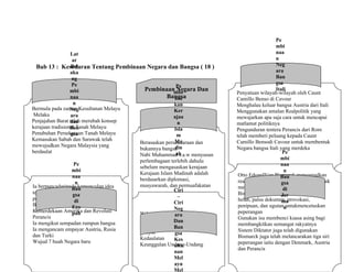Bab 13 : Kesedaran Tentang Pembinaan Negara dan Bangsa ( 18 )
Pembinaan Negara Dan
Bangsa
Bermula pada zaman Kesultanan Melayu
Melaka
Penjajahan Barat telah merubah konsep
kerajaan tradisional Tanah Melayu
Penubuhan Persekutuan Tanah Melayu
Kemasukan Sabah dan Sarawak telah
mewujudkan Negara Malaysia yang
berdaulat
Lat
ar
Bel
aka
ng
Pe
mbi
naa
n
Neg
ara
dan
Ban
gsa
Ia berpuncadaripada kemunculan idea
tentang hak rakyat, kerajaan dan
perlembagaan
Berlaku Revolusi Inggeris, Perang
Kemerdekaan Amerika dan Revolusi
Perancis
Ia mengikut sempadan rumpun bangsa
Ia mengancam empayar Austria, Rusia
dan Turki
Wujud 7 buah Negara baru
Pe
mbi
naa
n
Ban
gsa
di
Ero
pah
Penyatuan wilayah-wilayah oleh Caunt
Camillo Benso di Cavour
Menghalau keluar bangsa Austria dari Itali
Menggunakan amalan Realpolitik yang
mewajarkan apa saja cara untuk mencapai
matlamat politiknya
Pengunduran tentera Perancis dari Rom
telah memberi peluang kepada Caunt
Camillo Bensodi Cavour untuk membentuk
Negara bangsa Itali yang merdeka
Pe
mbi
naa
n
Neg
ara
Ban
gsa
Itali
Otto EduardVon Bismarck mengamalkan
realpolitik dan politik darah dan besi untuk
menyatukan Jerman
Bismarck telah menggunakan taktik tipu
helah, palsu dokumen, provokasi,
penipuan, dan ugutan untukmencetuskan
peperangan
Gunakan isu membenci kuasa asing bagi
membangkitkan semangat rakyatnya
Sistem Diktator juga telah digunakan
Bismarck juga telah melancarakan tiga siri
peperangan iaitu dengan Denmark, Austria
dan Perancis
Pe
mbi
naa
n
Ban
gsa
di
Jer
ma
n
Berasaskan persaudaraan dan
bukannya bangsa
Nabi Muhammad s.a.w menyusun
perlembagaan terlebih dahulu
sebelum mengasaskan kerajaan
Kerajaan Islam Madinah adalah
berdasarkan diplomasi,
musyawarah, dan permuafakatan
Pe
mbe
ntu
kan
Ker
ajaa
n
Isla
m
Ma
din
ah
Wilayah Pengaruh
Kerajaan
Lambang-Lambang
Rakyat
Kedaulatan
Keunggulan Undang-Undang
Ciri
–
Ciri
Neg
ara
Dan
Ban
gsa
Kes
ulta
nan
Mel
ayu
Mel
 