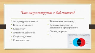 Что визуализируют в библиотеке?
• Литературные сюжеты
• Комплекс данных
• Статистику
• Алгоритм действий
• Структуру, связи
• Сопоставление
• Тенденцию, динамику
• Развитие во времени,
движение в пространстве
• Состав, портрет
• ...
 