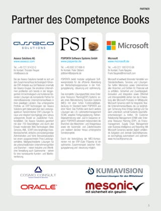 Competence Book - ERP
Asseco Solutions AG
www.asseco.com
Tel.: +49 721 91432-0
Ihr Kontakt: Thorsten Reuper
info@asseco.de
Bei der Asseco Solutions handelt es sich um
den Zusammenschluss technologisch führen-
der ERP-Anbieter aus fünf Nationen innerhalb
der Asseco-Gruppe. Die einzelnen Unterneh-
men profilierten sich bereits in der Vergan-
genheit mit technologisch und funktional füh-
renden Lösungen als kompetente Partner für
internetbasierende Unternehmenssoftware in
ihren jeweiligen Ländern. Das umfangreiche
Portfolio an ERP-Technologien der Asseco
Solutions geht dabei weit über das Leistungs-
spektrum herkömmlicher ERP-Lösungen hi-
naus und integriert durchgängig eine nahezu
unbegrenzte Anzahl an zusätzlichen Funk-
tionalitäten. Die Asseco Solutions garantiert
mit über 700 Beschäftigten und durch den
Einsatz modernster Web-Technologien (Web
Services, XML, SOAP) eine langfristige Inves-
titionssicherheit, einfache und kostengünstige
Administration und hohe Benutzerakzeptanz
bei einem ausgezeichneten Preis-Leistungs-
verhältnis. Maßgeschneiderte Lösungen für
die unterschiedlichsten Unternehmensgrößen
und Branchen - neben Industrie und öffentli-
cher Verwaltung auch Gastronomie - stehen
für eine konsequente Kunden- und Markto-
rientierung.
PSIPENTA Software Systems GmbH
www.psipenta.de
Tel.: +49 800 377496-8
Ihr Kontakt: Peter Dibbern
pdibbern@psipenta.de
PSIPENTA bietet modular aufgebaute Soft-
wareprodukte für die effiziente Abwicklung
der Wertschöpfungsprozesse in der Ferti-
gungsplanung, -steuerung und -optimierung.
Das komplette Lösungsportfolio eines Enter-
prise Resource Planning(ERP)-Systems so-
wie eines Manufacturing Execution-Systems
(MES) mit einer hohen Funktionalitätsab-
deckung im Standard bietet PSIPENTA aus
einer Hand. Das Portfolio wird durch weitere
Lösungen wie z.B. Lieferkettenmanagement
(SCM), adaptive Fertigungsplanung, Reihen-
folgeoptimierung oder Just-in-Sequence er-
gänzt. PSIPENTA adressiert insbesondere die
Branchen des Maschinen- und Anlagenbaus
sowie der Automobil- und Zulieferindustrie
und realisiert darüber hinaus umfangreiche
Sonderprojekte.
Durch die Verknüpfung der MES-Kompo-
nenten mit der ERP-Suite PSIpenta ist ein
optimiertes Zusammenspiel zwischen Ferti-
gungsplanung und -steuerung möglich.
Microsoft
www.microsoft.de
Tel.: +49 221 1801010-98
Ihr Kontakt: Frank Naujoks
Frank.Naujoks@microsoft.com
Microsoft ist weltweit führender Hersteller von
Standardsoftware, Services und Lösungen.
Sie helfen Menschen sowie Unternehmen
aller Branchen und Größen ihr Potenzial voll
zu entfalten. Sicherheit und Zuverlässigkeit,
Innovation und Integration sowie Offenheit
und Interoperabilität stehen bei der Entwick-
lung aller Microsoft-Produkte im Mittelpunkt.
Microsoft Dynamics steht für integrierte, flexi-
ble Unternehmenssoftware, die zur langfristi-
gen Sicherung Ihres Erfolgs beiträgt und Sie
darin unterstützt, schnell fundierte Geschäfts-
entscheidungen zu treffen. Ob Customer
Relationship Management (CRM) oder Enter-
prise Resource Planning (ERP), ob Finanz-
management, Supply Chain Management
oder Business Intelligence und Reporting: Mit
Microsoft Dynamics werden täglich anfallen-
de Aufgaben und zentrale Geschäftsprozes-
se durchgängig automatisiert und optimiert.
www.microsoftdynamics.de
5
Partner des Competence Books
PARTNER
 