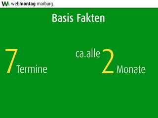 Basis Fakten
ca.alle
2Monate7Termine
webmontag marburg
 