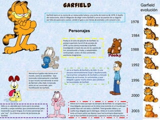 Garfield
evolución
Garfield nació en la cocina de un restaurante italiano una noche de invierno de 1978. El dueño
del restaurante, ante la obligación de elegir entre Garfield y cerrar las puertas de su negocio
por falta de pasta para cocinar, vendió el gato a una tienda de animales y ahí conoció a Jon.

1978

Personajes
1984
Pooky es el osito de peluche de Garfield. Su
primera aparición fue el 23 de octubre de
1978. La tira cómica mostraba a Garfield
investigando a través de uno de los cajones de
Jon, encontrando a Pooky, y adoptándolo
como propio. Junto a él vive constantes
aventuras imaginarias.

1988

1992
Nermal es el gatito más tierno en el
mundo, como se autodefine . Que
incomoda inmensamente a Garfield,
lo que resulta normalmente el envío
de Nermal a Abu Dabi. A menudo
entra sin ser anunciado, para
mortificación de Garfield..

Jun es el dueño de Garfield y de Odie. Es una
persona extremadamente torpe y desafortunada.
Fue el primer compañero de Garfield y a menudo
blanco de sus bromas. Es caricaturista, y está
obligado a gastar mucho dinero para satisfacer
las necesidades de Garfield

1996

2000
Odie es un adorable pero tonto perro de pelaje
amarillo y orejas castañas, que constantemente jadea
mostrando su gran lengua. Es el único personaje sin
una "voz" . Es el blanco común de las bromas de
Garfield.

Arlene es la novia (aunque no siempre) de Garfield. Es una gata rosa
muy delgada, que parece ser la única cosa viviente en el mundo que
puede hace reír con éxito a Garfield. Tiene grandes labios y un
cuello muy delgado que la distingue. Antes en la serie también
tenía un hueco entre sus dientes (que fue la primera observación
que le hizo Garfield al conocerla); y aparecía mucho más que ahora.

2003

 