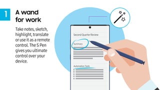 1 A wand
for work
Take notes, sketch,
highlight,translate
oruse it as a remote
control. The S Pen
givesyou ultimate
contro...