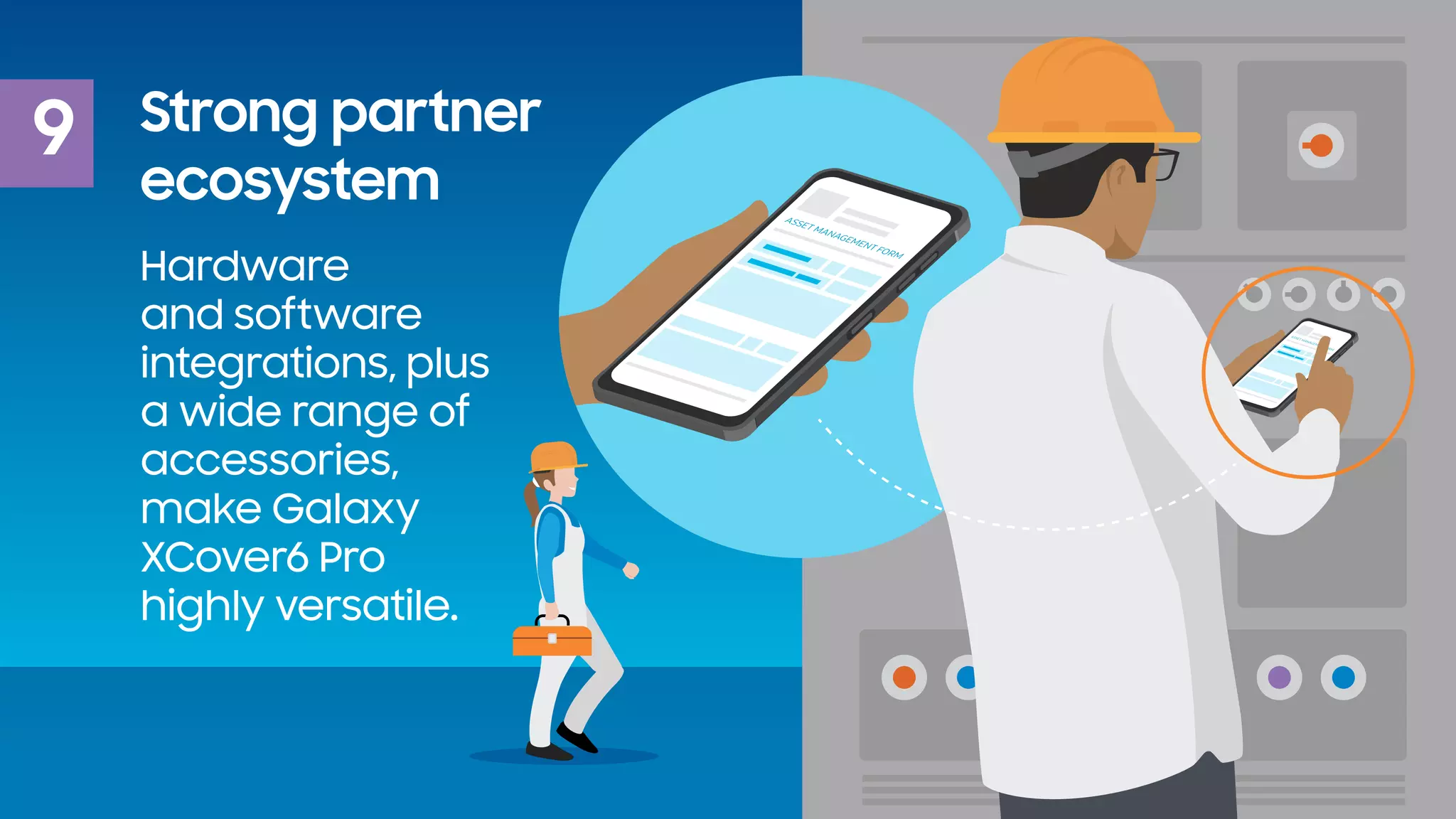 9 Strong partner
ecosystem
Hardware
and software
integrations, plus
a wide range of
accessories,
make Galaxy
XCover6 Pro
highly versatile.
 