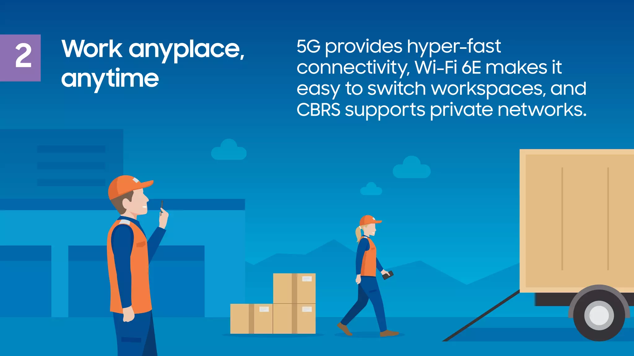 Work anyplace,
anytime
2 5G provides hyper-fast
connectivity, Wi-Fi 6E makes it
easy to switch workspaces, and
CBRS supports private networks.
 