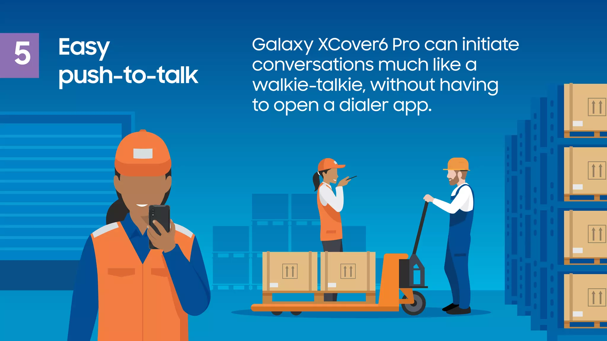 5 Easy
push-to-talk
Galaxy XCover6 Pro can initiate
conversations much like a
walkie-talkie, without having
to open a dialer app.
 